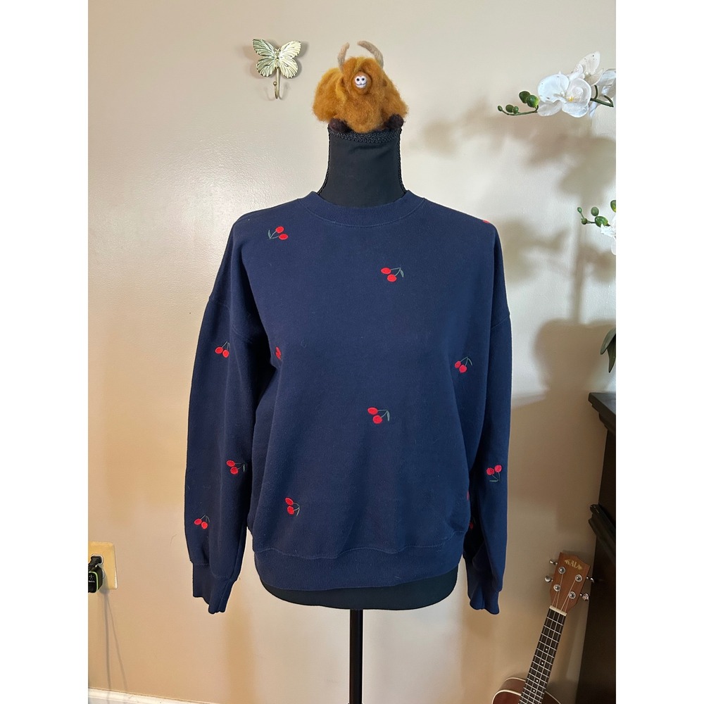 Reflex Navy Blue Embroidered Cherry Sweatshirt Crewneck Fleece Pullover Small